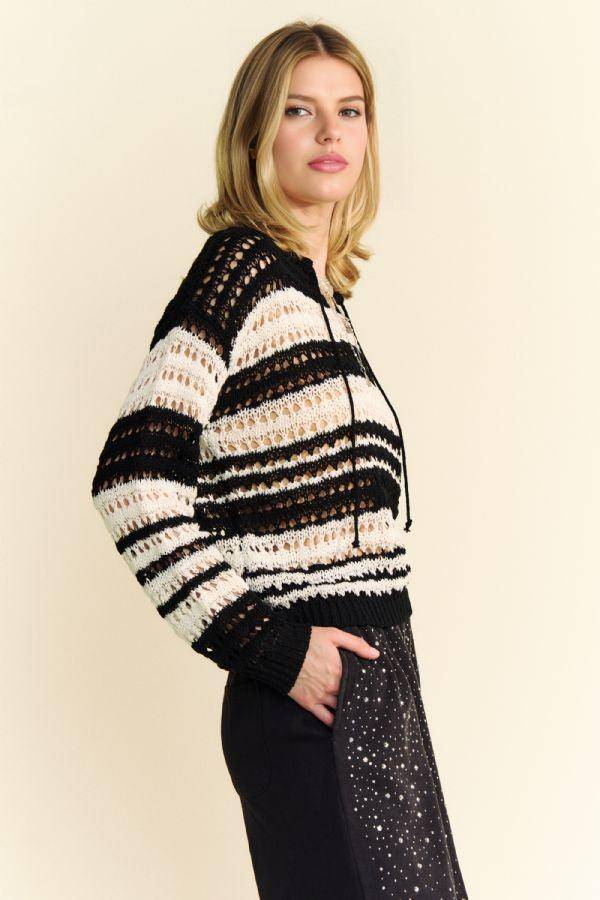 Contrast Striped Crochet Drop Shoulder Knit Cover Up Sweater - Wildflower Hippies