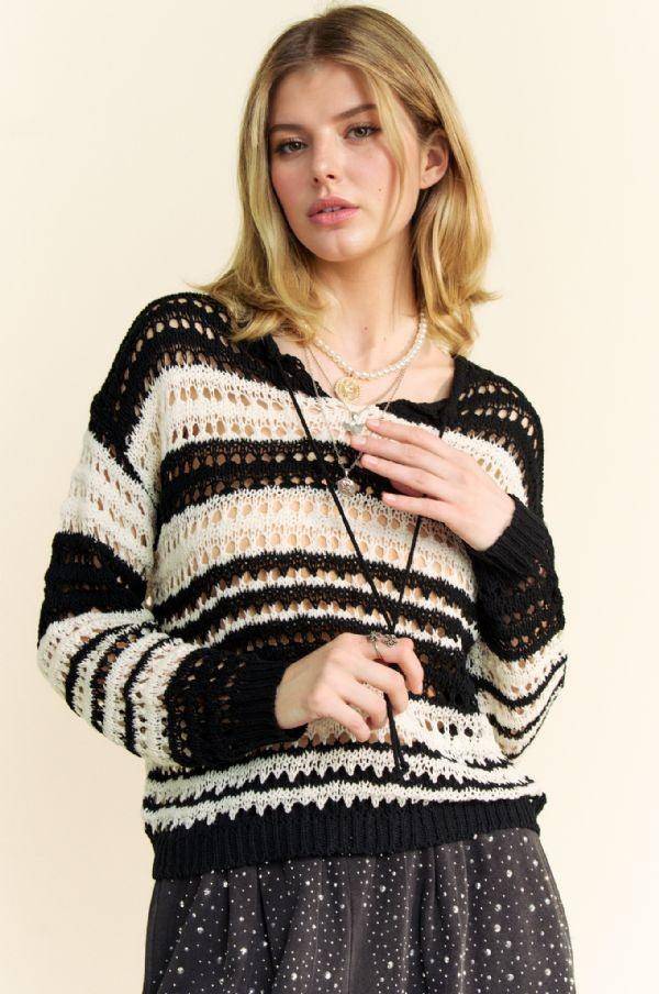 Contrast Striped Crochet Drop Shoulder Knit Cover Up Sweater - Wildflower Hippies