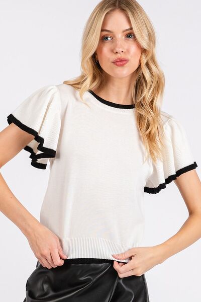 Contrast Trim Ruffled Cap Sleeve Knit Top - Wildflower Hippies