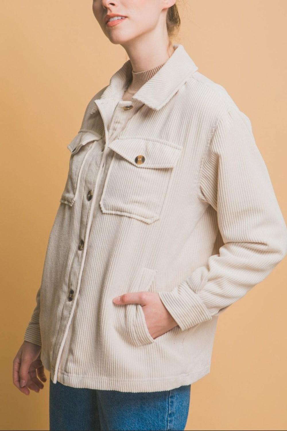 Corduroy Button Up Jacket with Sherpa Inside - Cream - Wildflower Hippies