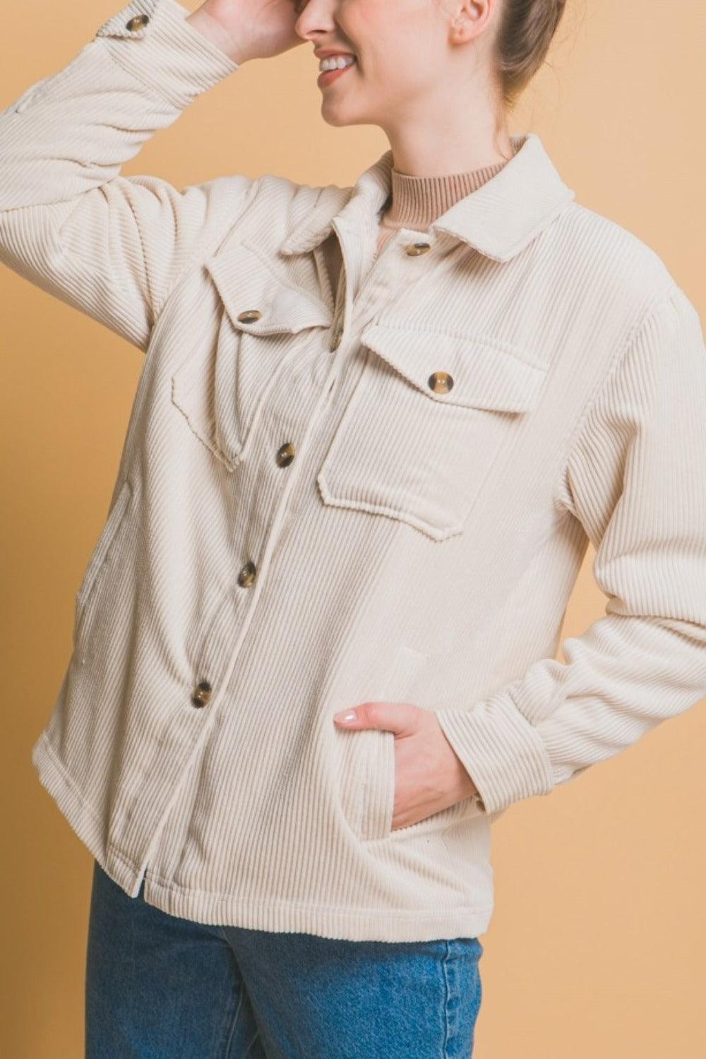 Corduroy Button Up Jacket with Sherpa Inside - Cream - Wildflower Hippies