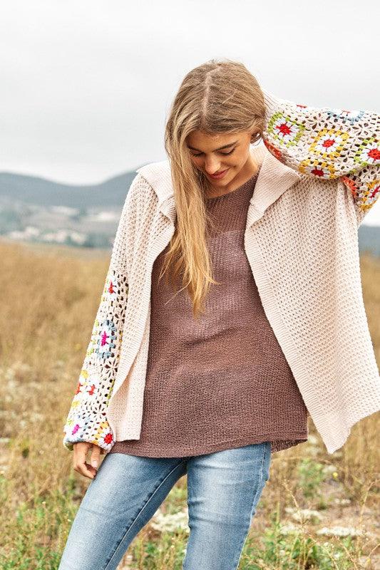Crochet Floral Printed Long Sleeve Knit Cardigan - Wildflower Hippies