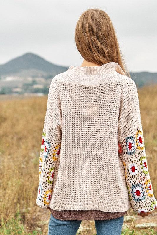 Crochet Floral Printed Long Sleeve Knit Cardigan - Wildflower Hippies