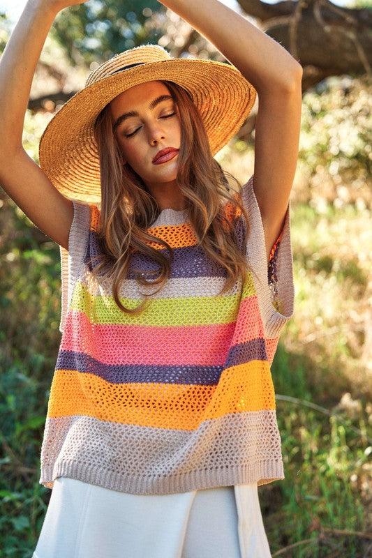Crochet Multi Striped Pullover Knit Sweater Vest - Wildflower Hippies