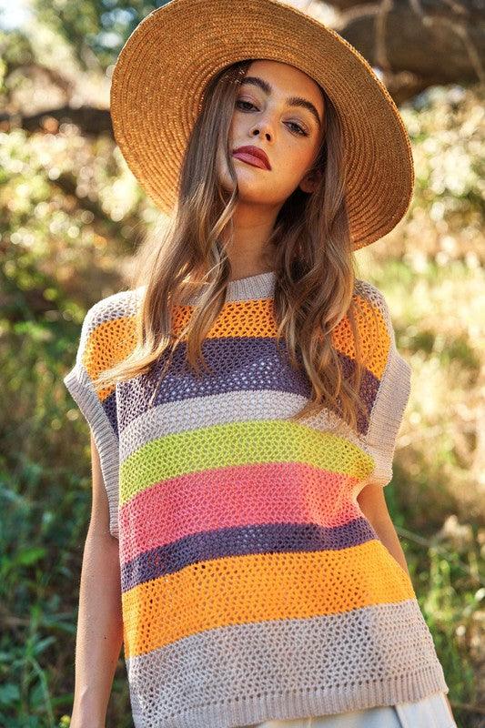 Crochet Multi Striped Pullover Knit Sweater Vest - Wildflower Hippies