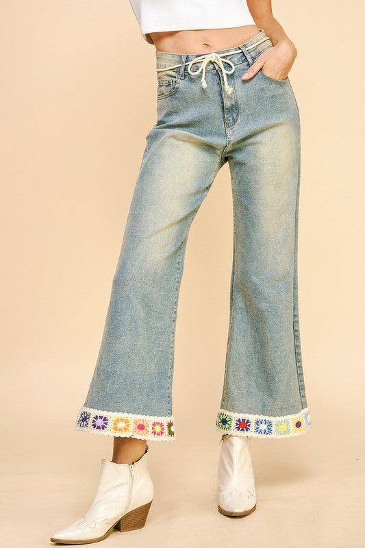 Crochet Trim Flare Jeans with Pockets - Wildflower Hippies