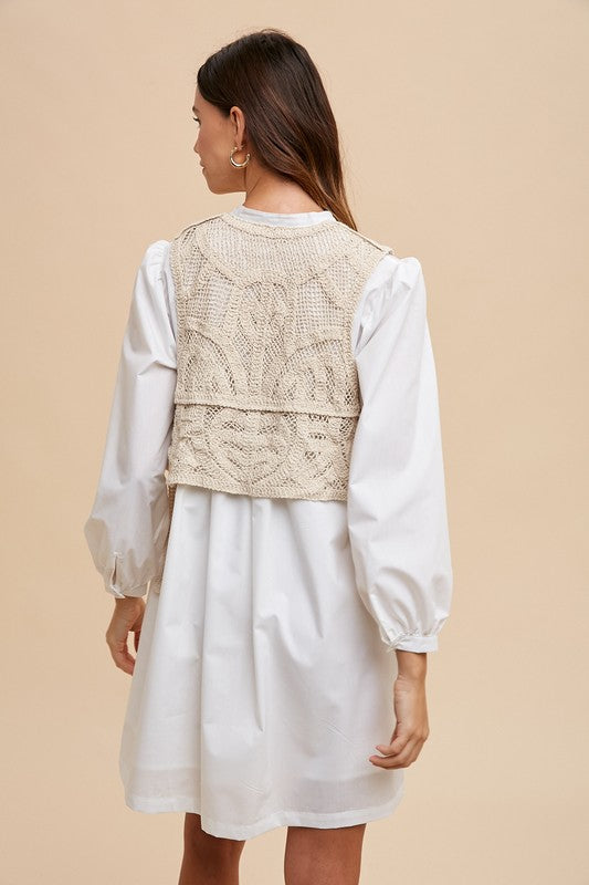 Crochet Vest Notched Long Sleeve Shirt Dress - Wildflower Hippies