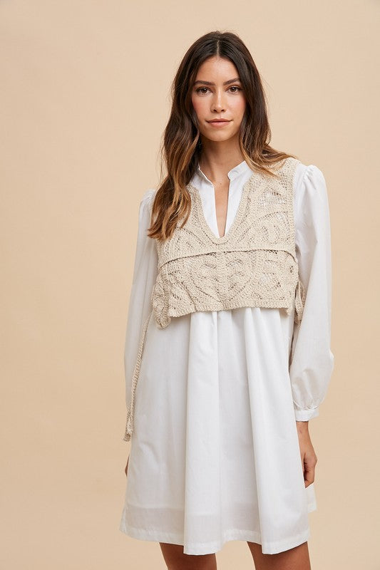 Crochet Vest Notched Long Sleeve Shirt Dress - Wildflower Hippies