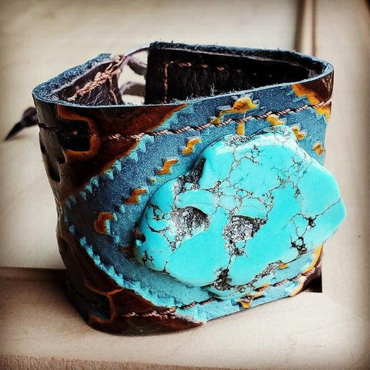 Cuff w/ Leather -Blue Navajo and Turquoise Slab - Wildflower Hippies