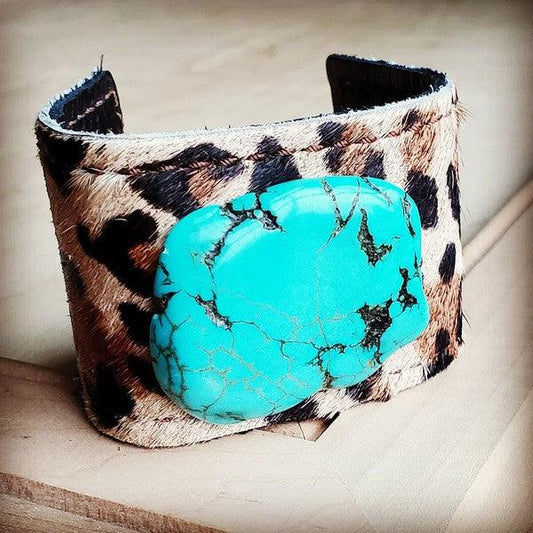 Cuff w/ Leather Tie-Leopard and Turquoise Slab - Wildflower Hippies