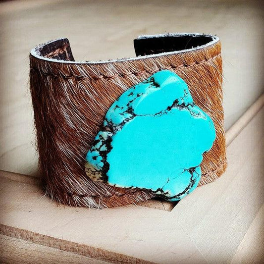 Cuff w/ Leather Tie-Tan Hide and Turquoise Slab - Wildflower Hippies