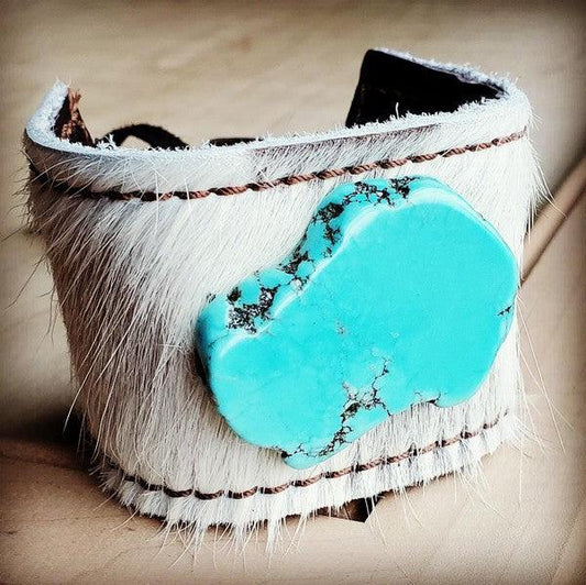 Cuff w/ Leather Tie-White Hide and Turquoise Slab - Wildflower Hippies