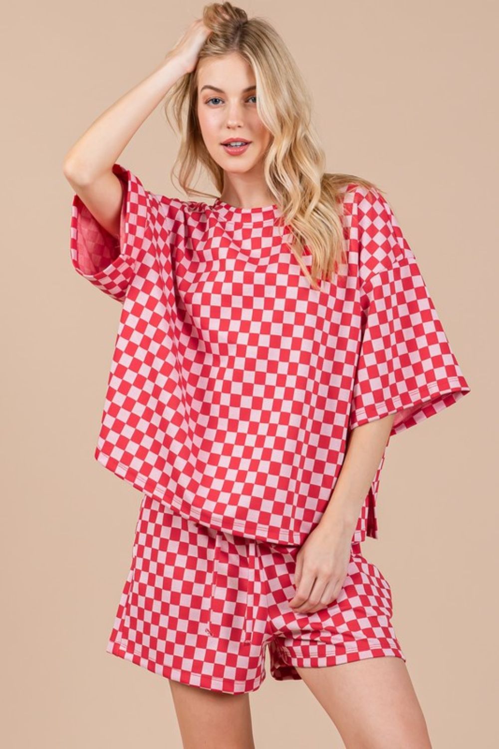 Checkered Round Neck Top and Shorts Set