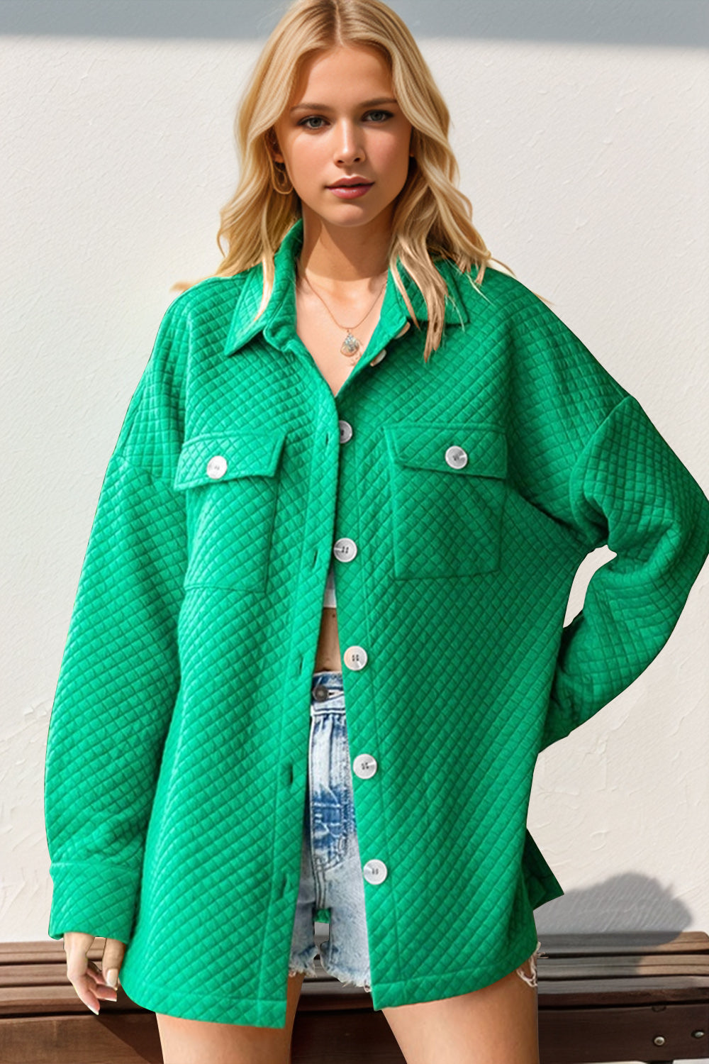 Textured Button Up Drop Shoulder Shacket