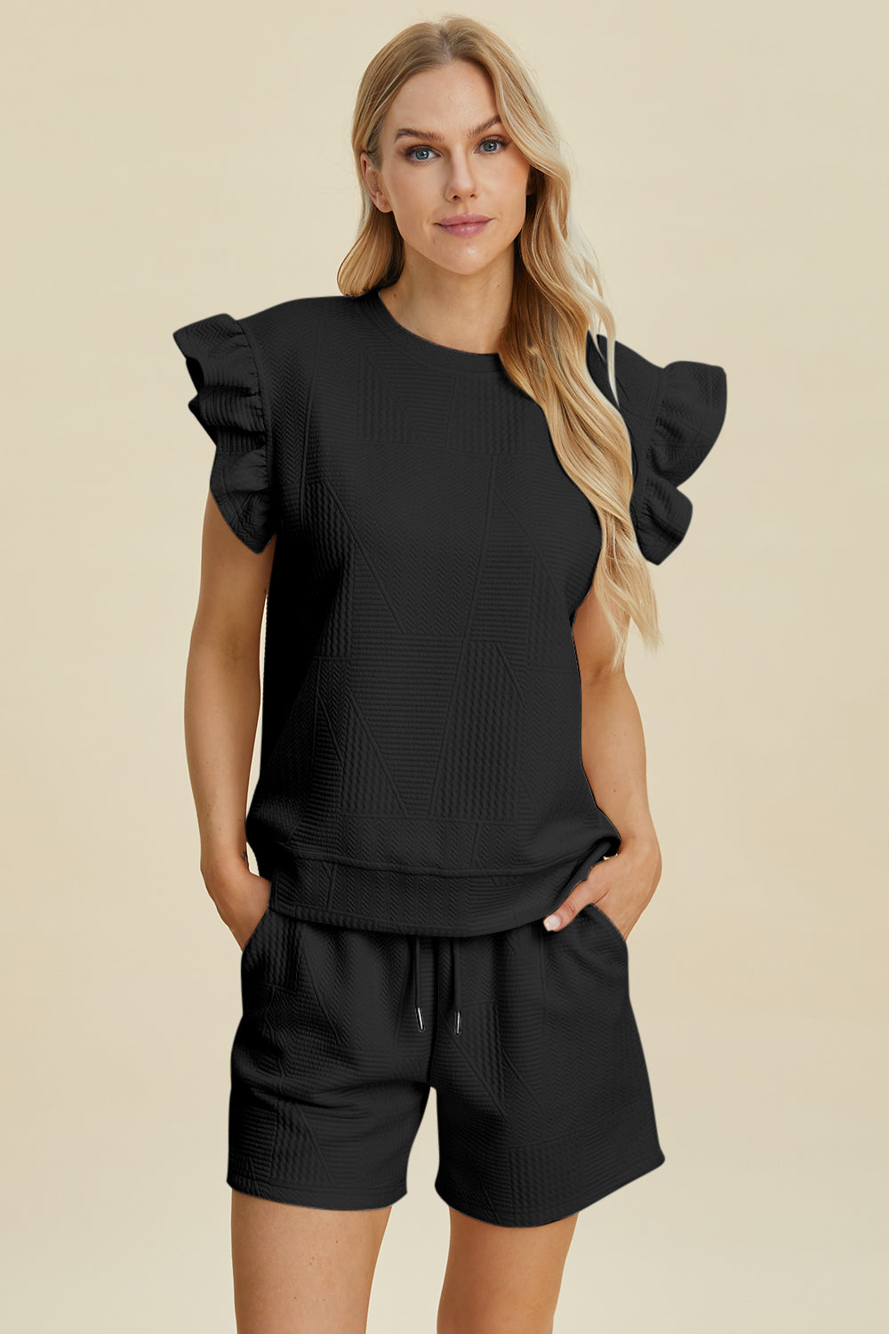 Texture Round Neck Ruffle Sleeve Top and Shorts Set