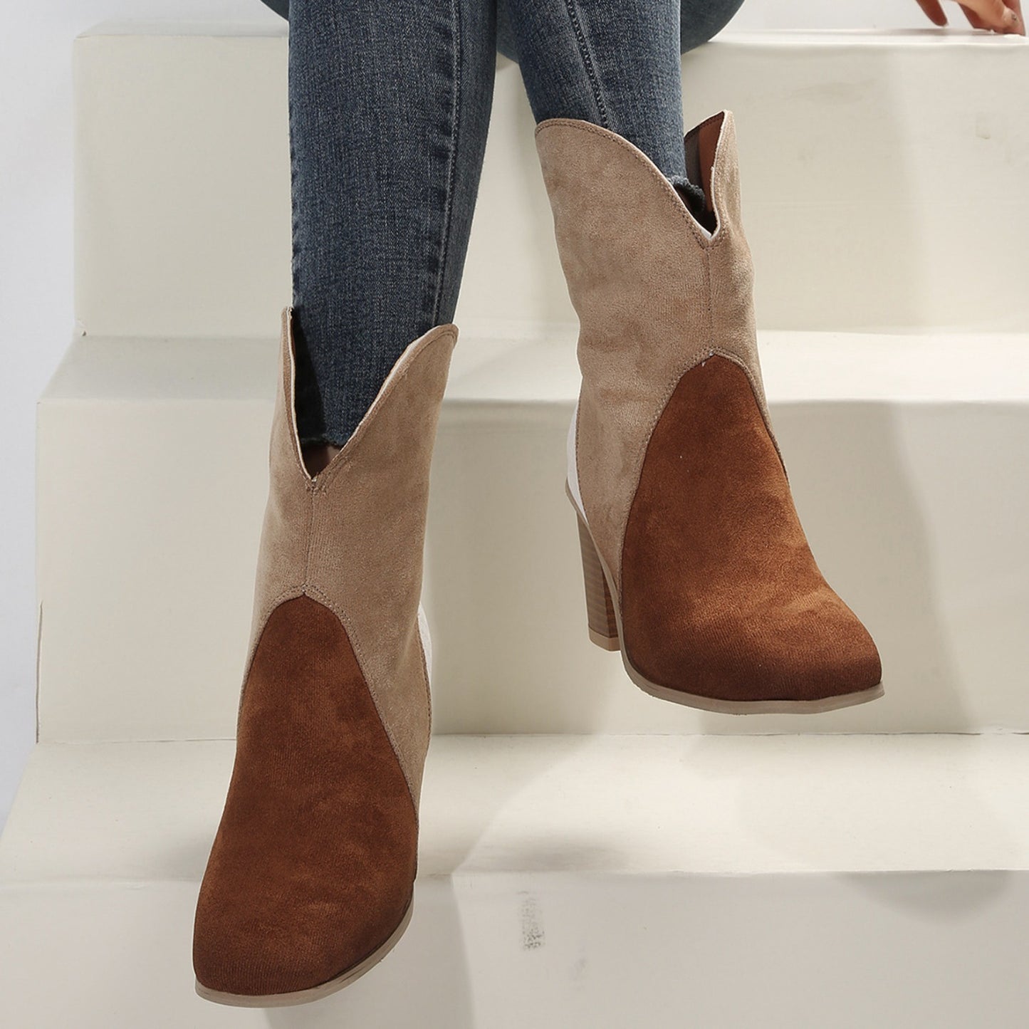 Suede Square Toe Block Heel Boots