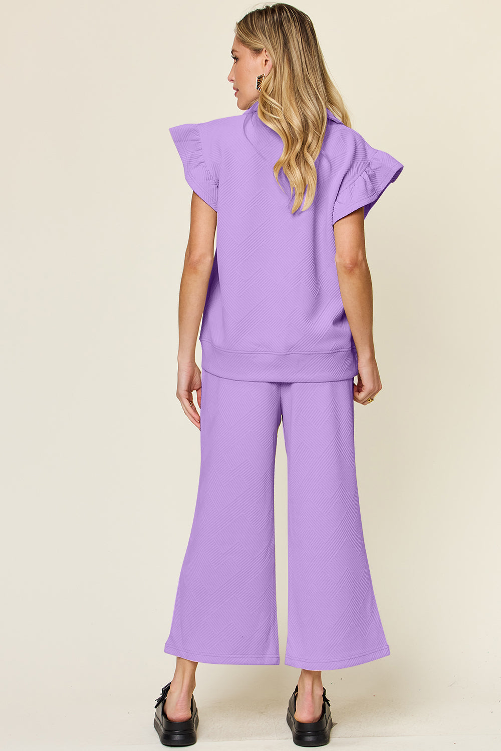 Ruffle Short Sleeve Top and Drawstring Wide Leg Pants Set