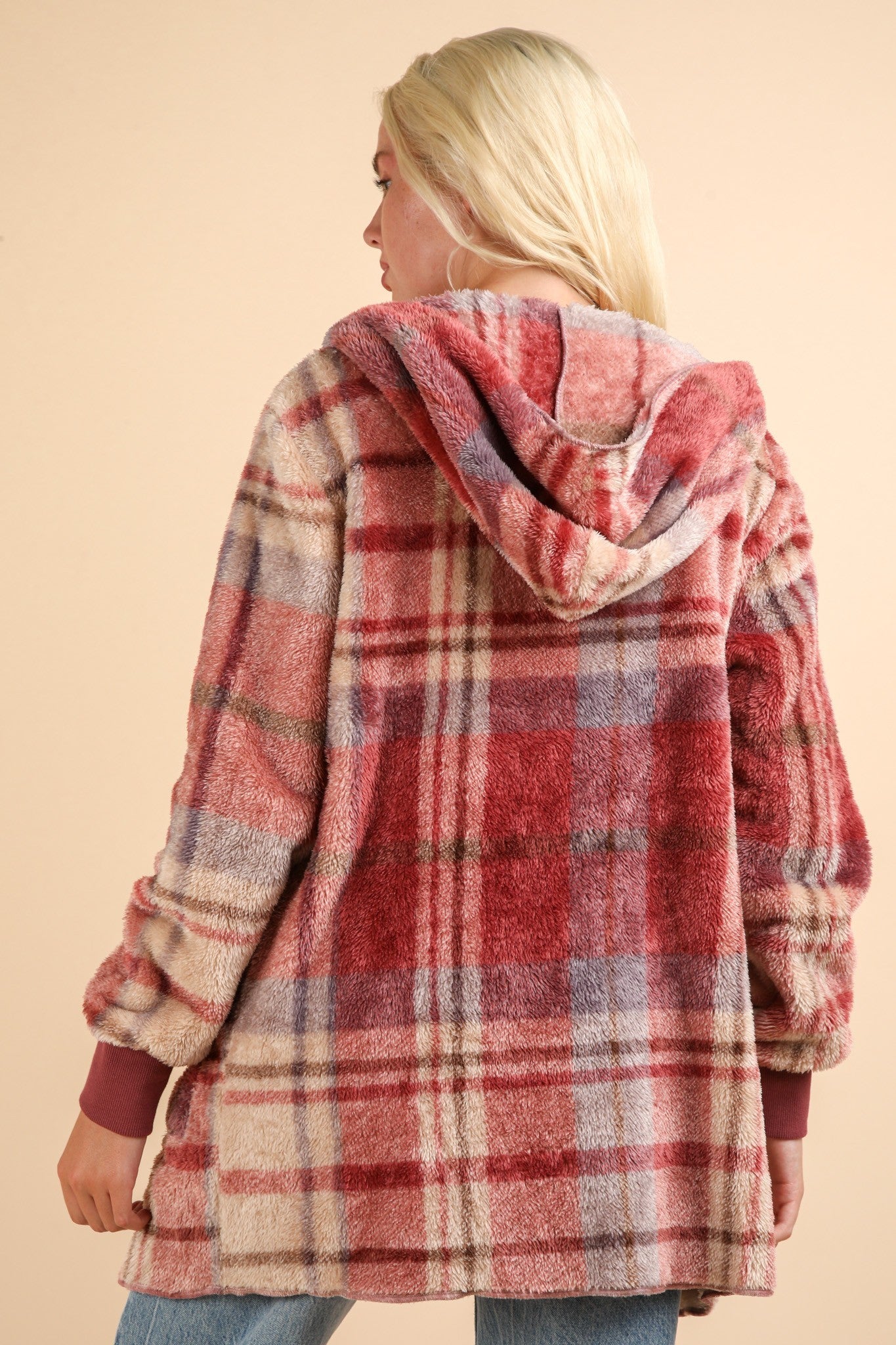 Mauve Fuzzy Plaid Long Sleeve Hooded Jacket