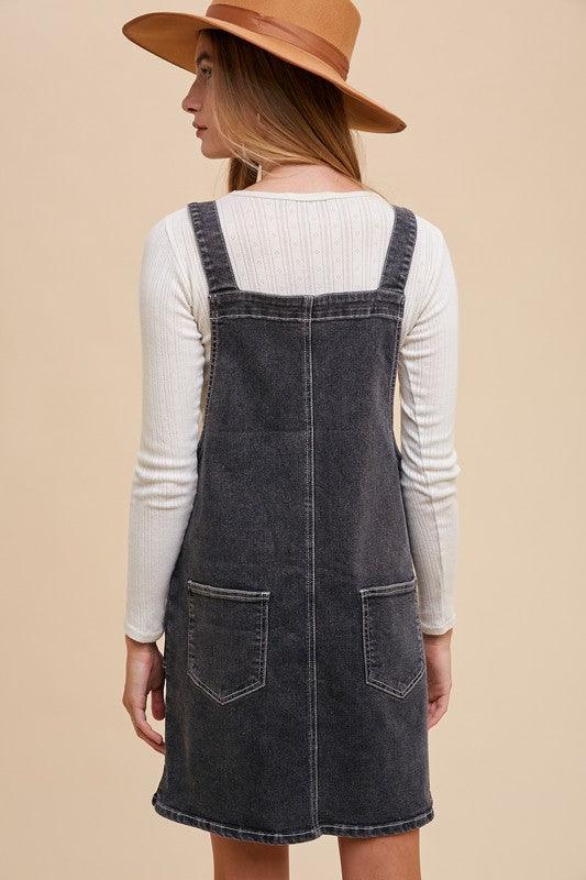 Wide Strap Denim Overall Dress with Pockets