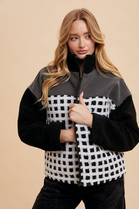 Plaid Zip Up Drop Shoulder Sherpa Jacket