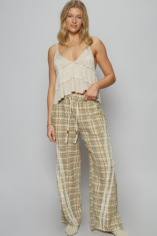 Lace Trim Drawstring Checkered Wide Leg Pants