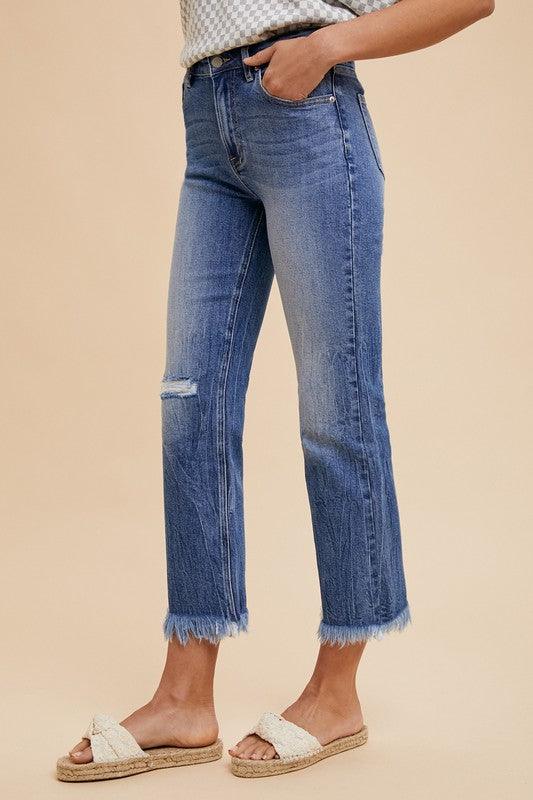 Distressed Raw Hem Straight Leg Cropped Jeans - Wildflower Hippies