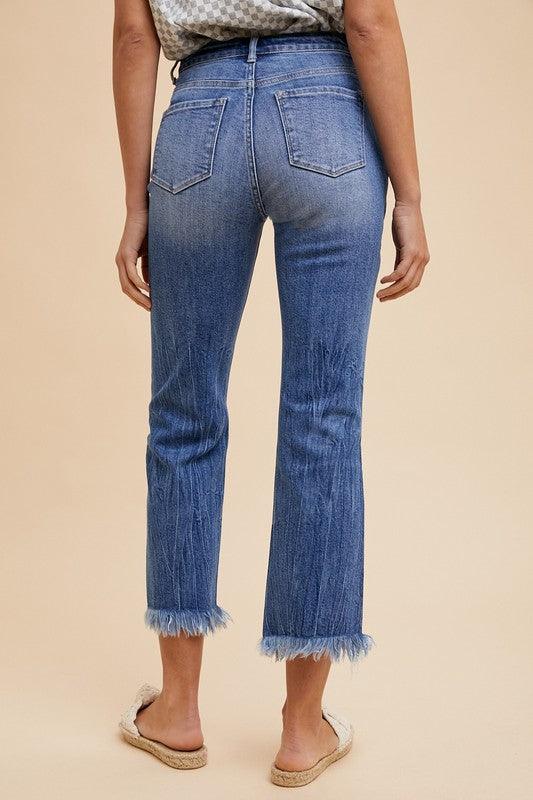 Distressed Raw Hem Straight Leg Cropped Jeans - Wildflower Hippies