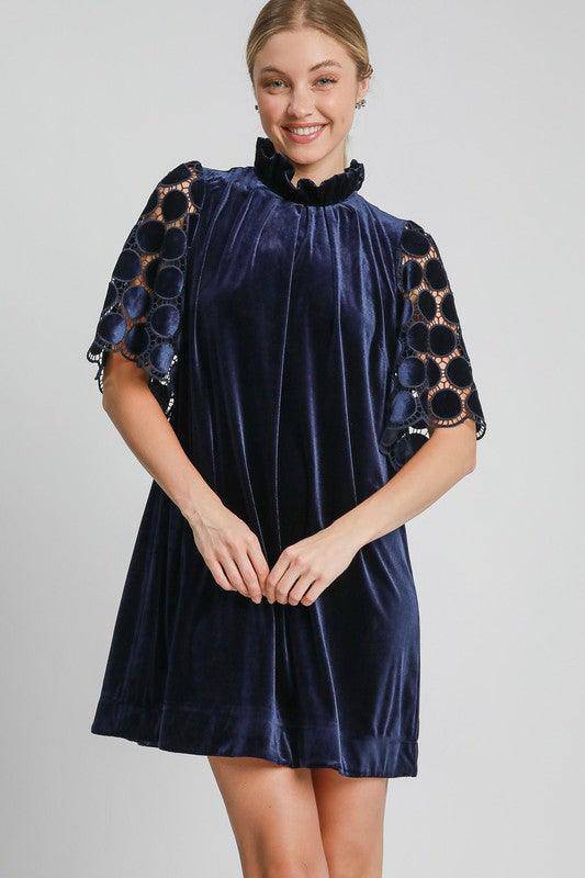 Dotted Lace Half Sleeve Mock Neck Back Tie Velvet Dress - Wildflower Hippies