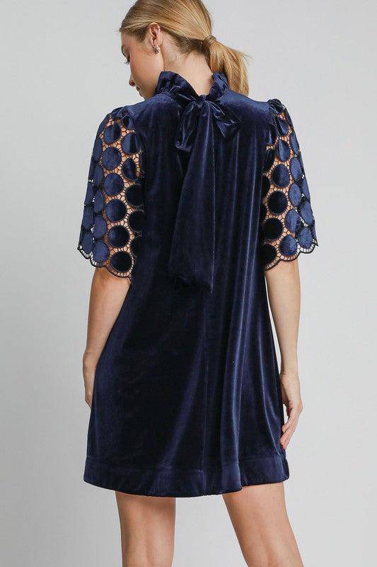 Dotted Lace Half Sleeve Mock Neck Back Tie Velvet Dress - Wildflower Hippies