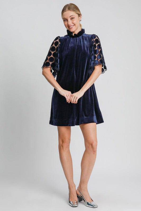 Dotted Lace Half Sleeve Mock Neck Back Tie Velvet Dress - Wildflower Hippies