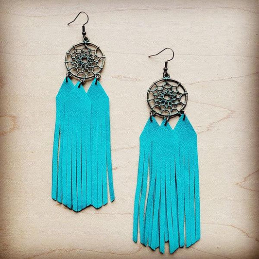 Dream Catcher w/ Leather Fringe-Turquoise - Wildflower Hippies