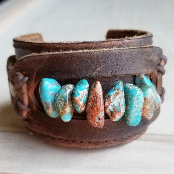 Dusty Leather Cuff with Turquoise Regalite Chunks - Wildflower Hippies