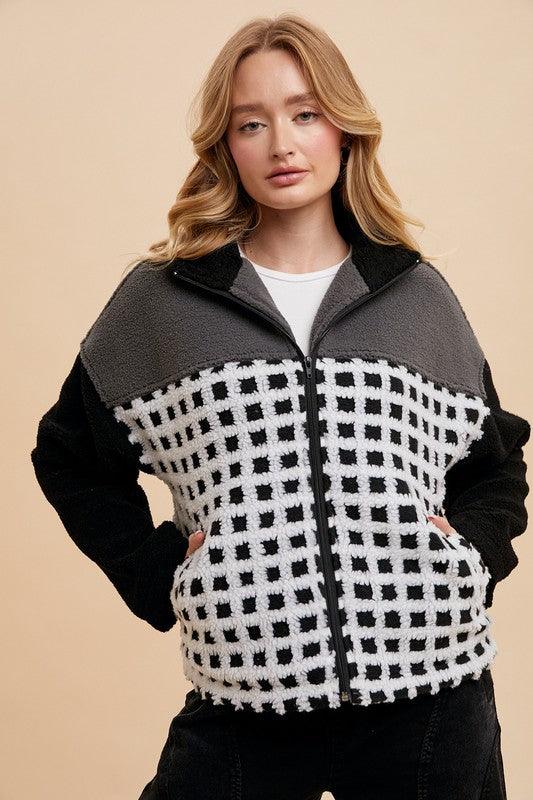 Plaid Zip Up Drop Shoulder Sherpa Jacket