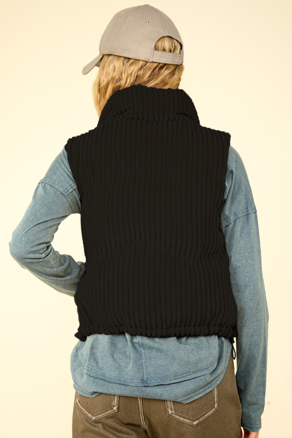 Zip Up Padded Corduroy Puffer Vest - Black