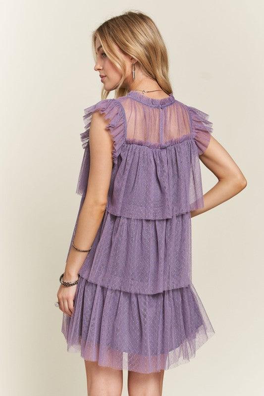 Layered Ruffled Cap Sleeve Mesh Dress