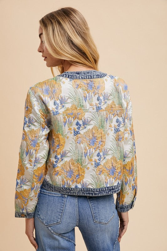 Floral Jacquard Denim Contrast Button Down Jacket