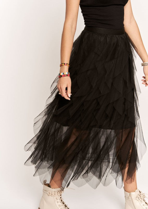 Ruffled Elastic Waist Midi Skirt