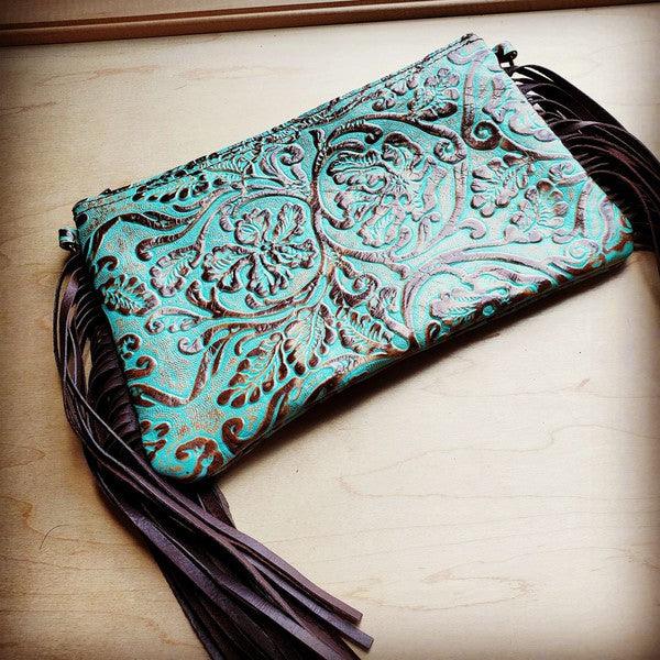 Embossed Cowboy Turquoise Leather Clutch - Wildflower Hippies