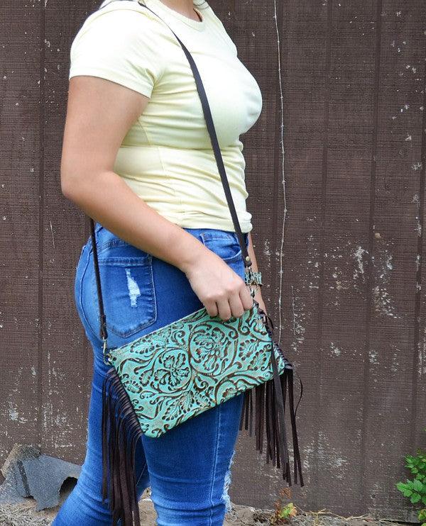 Embossed Cowboy Turquoise Leather Clutch - Wildflower Hippies