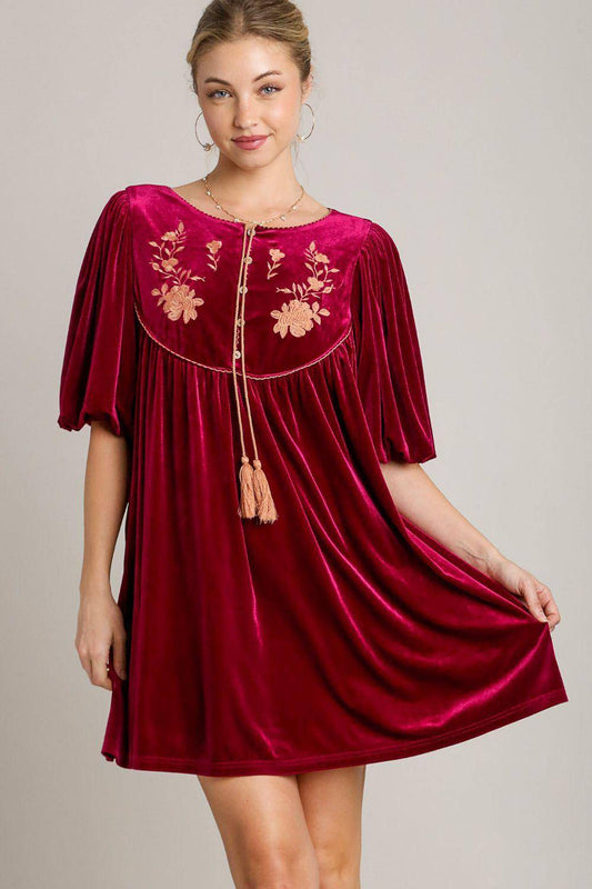 Embroidered Half Sleeve Velvet Mini Dress with Tassel - Wildflower Hippies