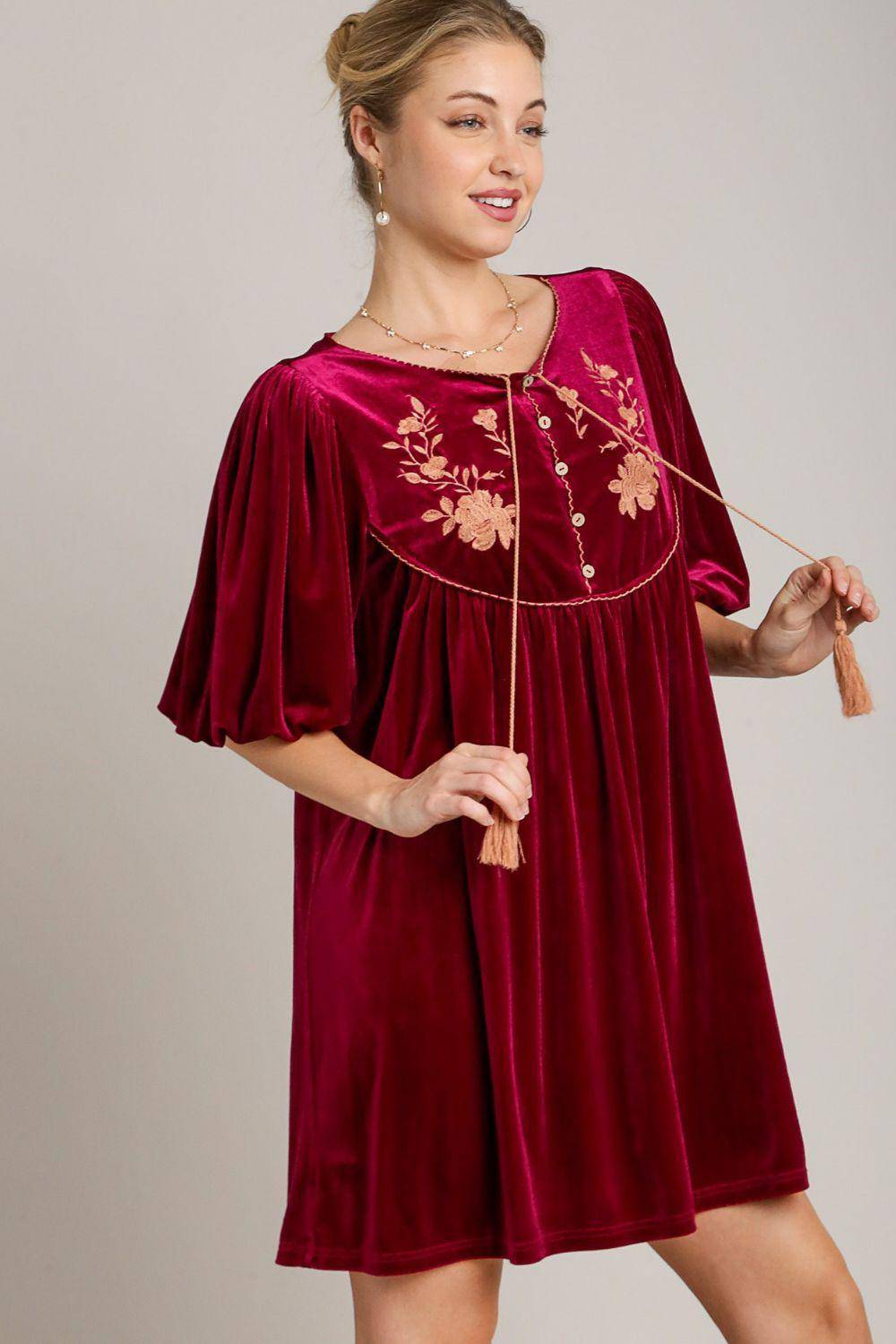 Embroidered Half Sleeve Velvet Mini Dress with Tassel - Wildflower Hippies