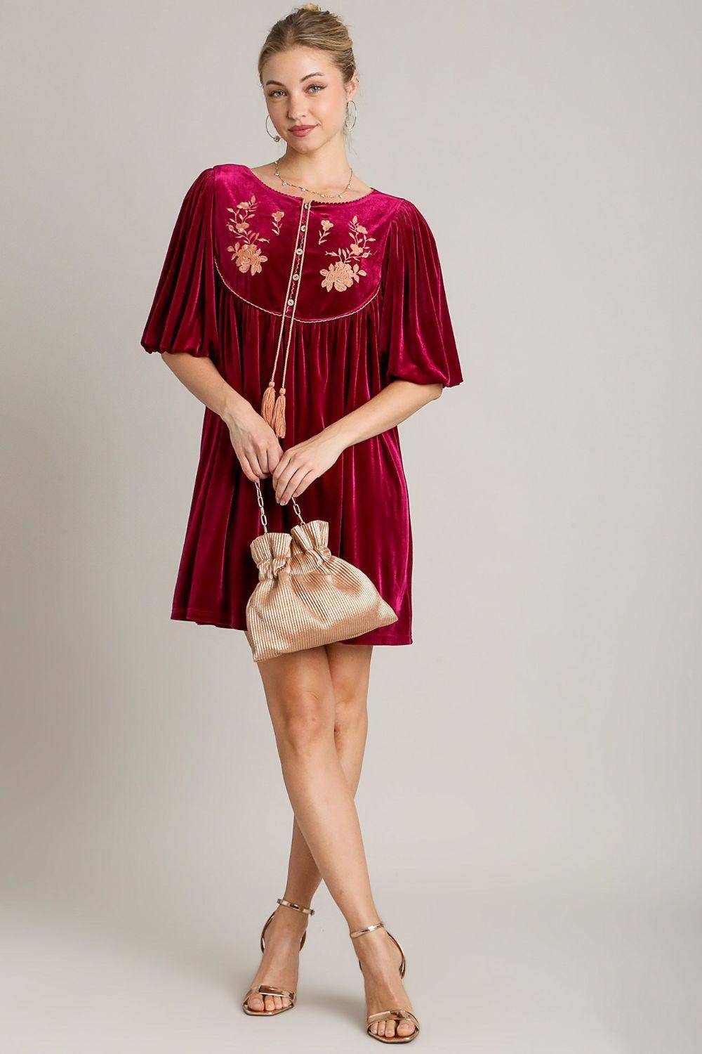 Embroidered Half Sleeve Velvet Mini Dress with Tassel - Wildflower Hippies