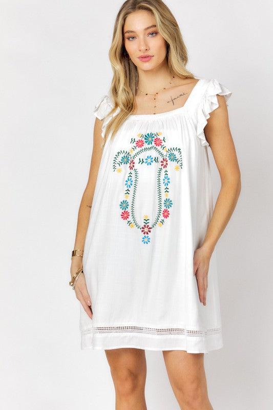 Embroidered Square Neck Mini Dress - Wildflower Hippies