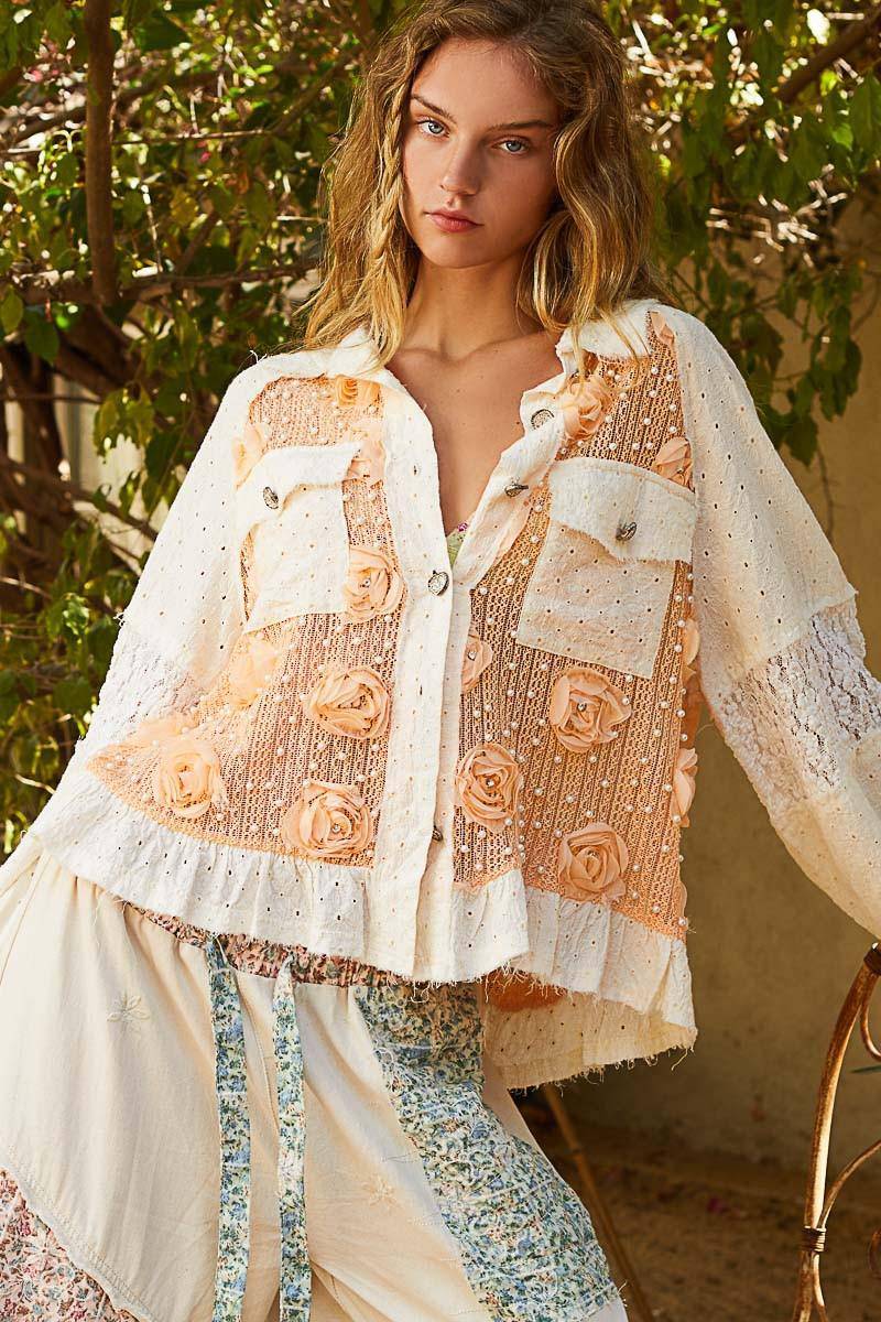 Eyelet Flower Pearl Detail Lace Patchwork Shirt - Wildflower Hippies