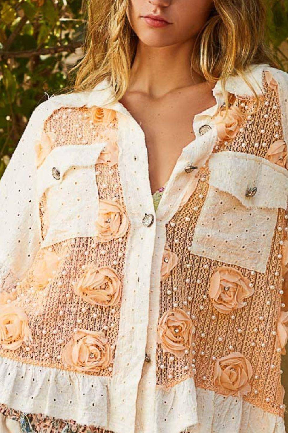 Eyelet Flower Pearl Detail Lace Patchwork Shirt - Wildflower Hippies