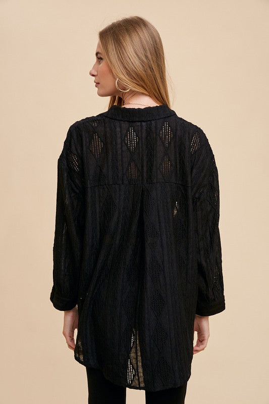 Openwork Button Down Drop Shoulder Shirt