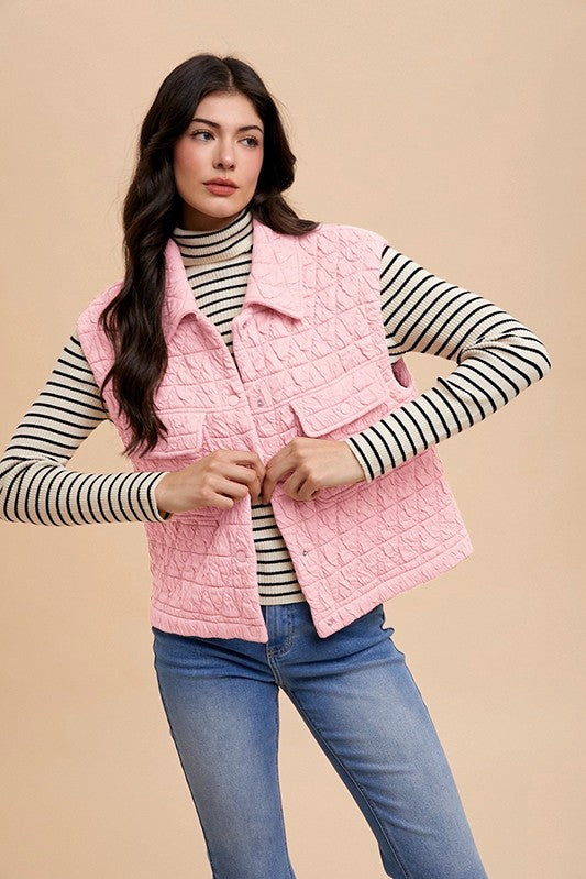 Texture Quilted Snap Down Vest Coat