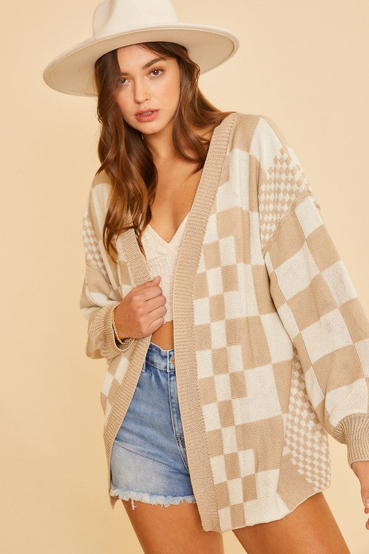 Checkered Open Front Drop Shoulder Cardigan