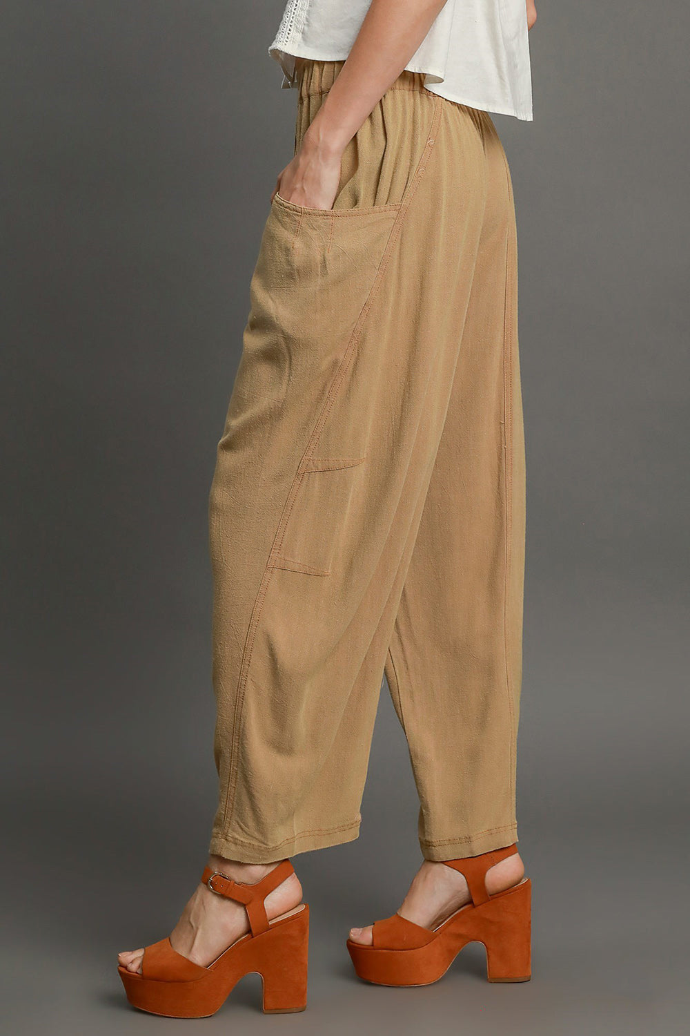 Elastic Waist Baggy Fit Pants with Pockets