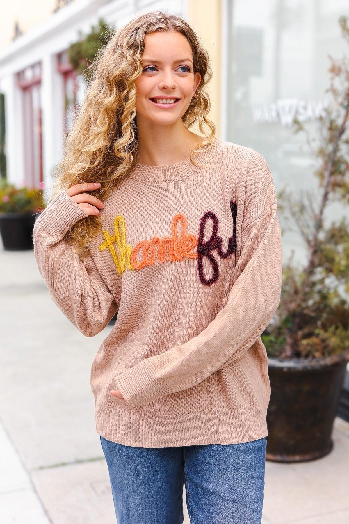 Feeling Thankful Taupe Pop Up Glittery Embroidery Sweater